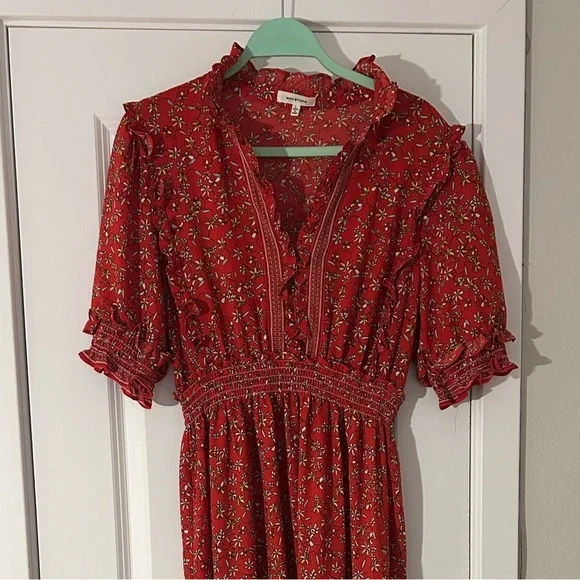 Max Studio Tiered Boho Red Floral Puff Sleeve Maxi Dress - Picture 2 of 8